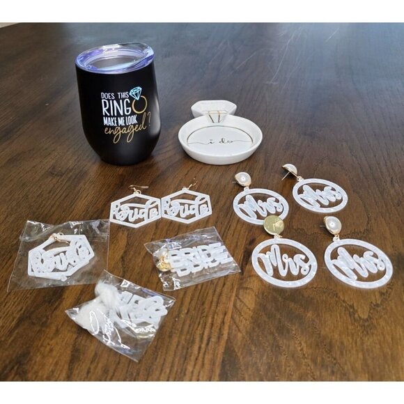 Bride Earrings Bachelorette Jewelry Mrs Pearl Earrings, Tumbler, I do ring holde - Picture 1 of 15